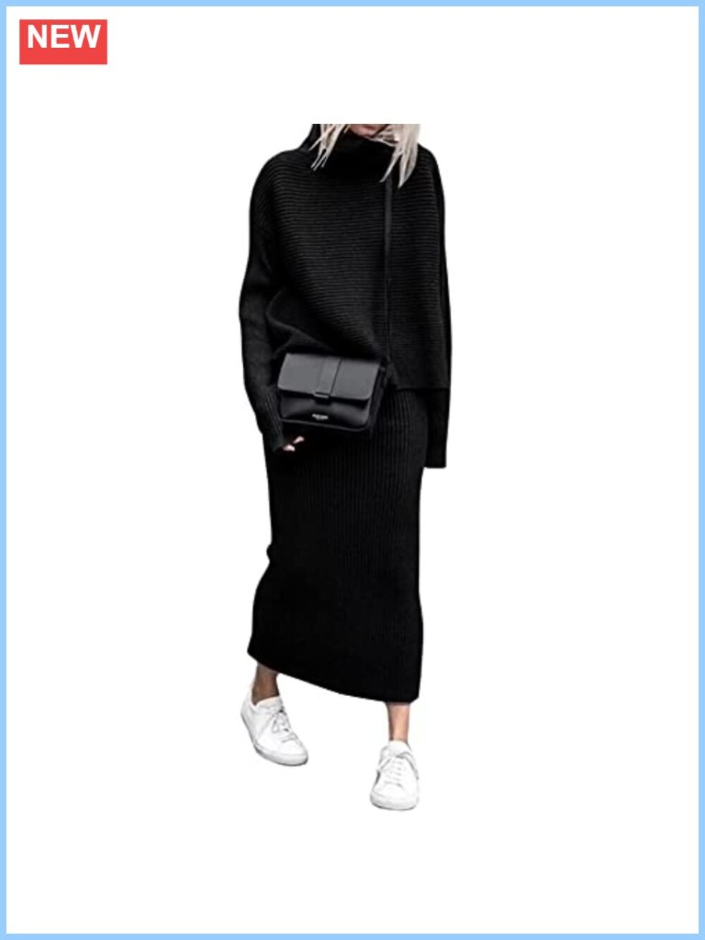 Ribbed Knit Turtleneck Sweater and Midi Pencil Skirt 2 Piece Set
